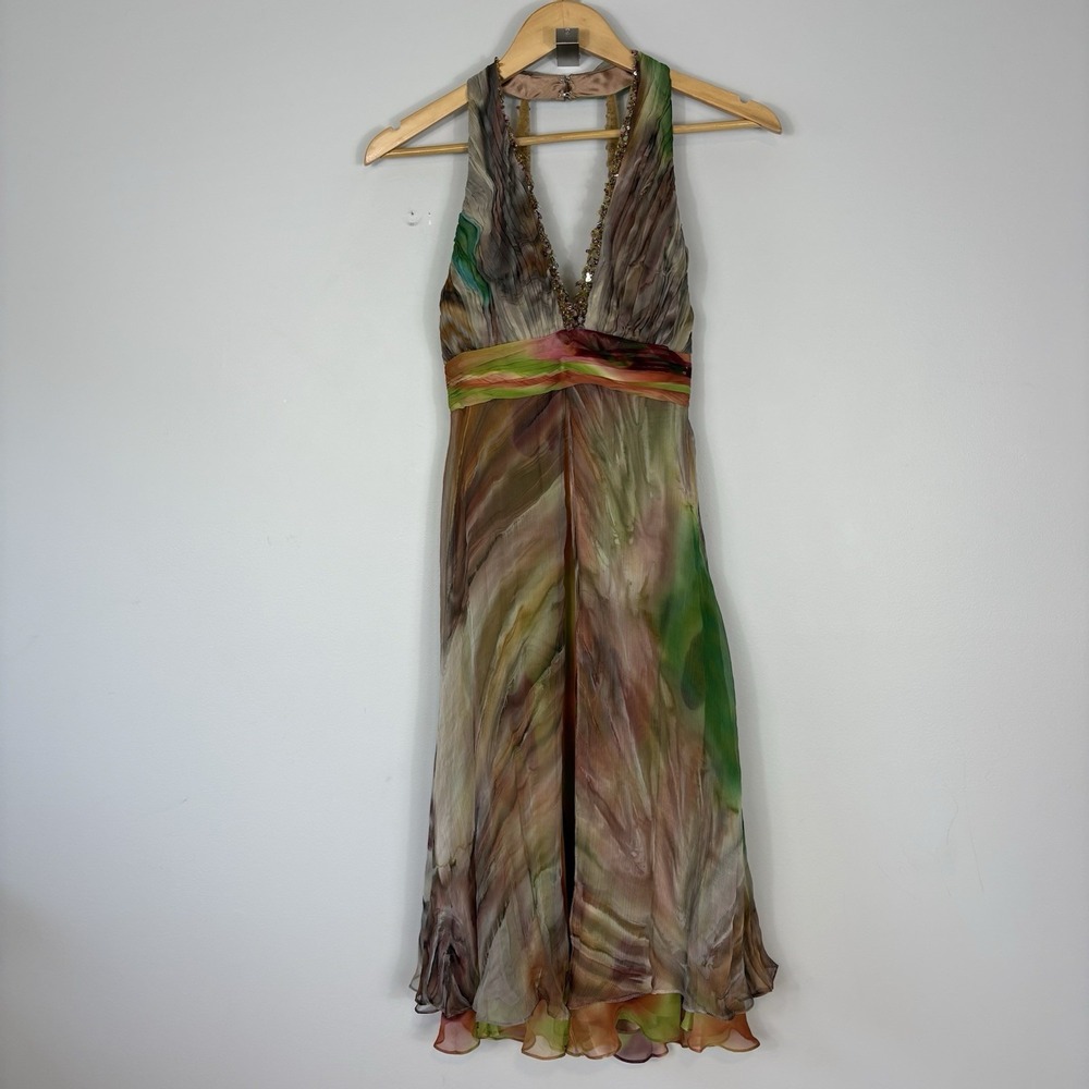 Vtg Y2K 100% Silk Beaded Dress Sz 2 Fairycore Fairy Sequin Halter V Neck